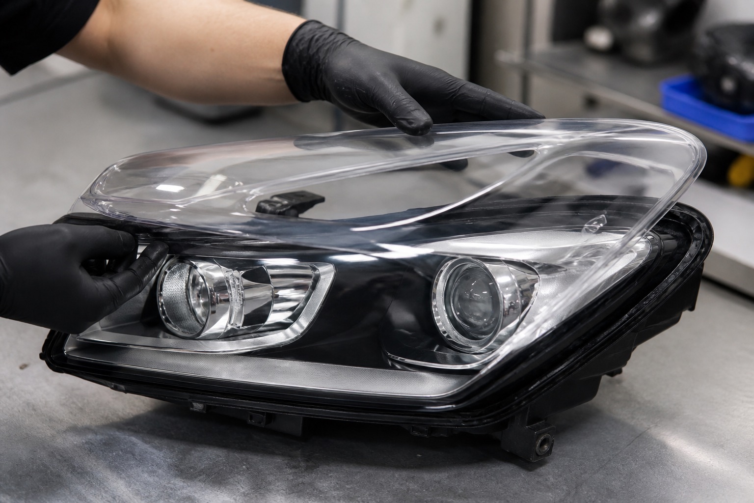 New clear polycarbonate headlight lens being fitted during replacement