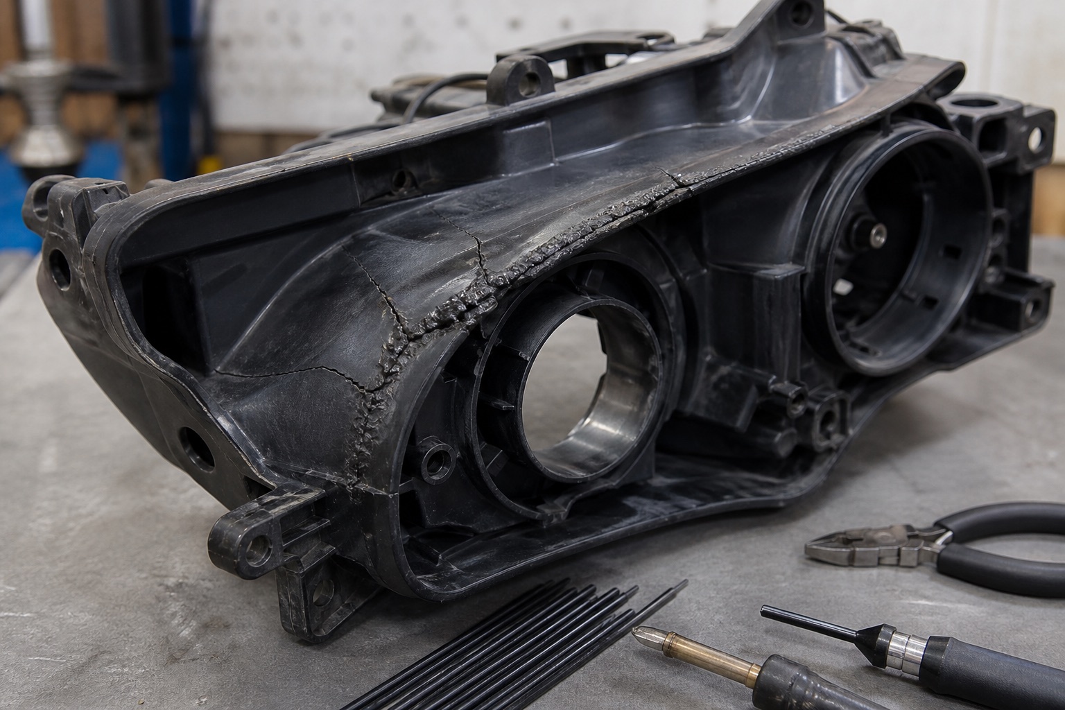 Cracked headlight housing shell under professional repair