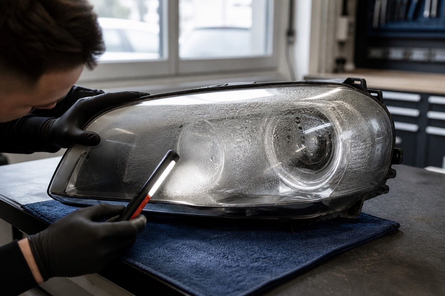 Headlight unit during professional diagnosis and repair