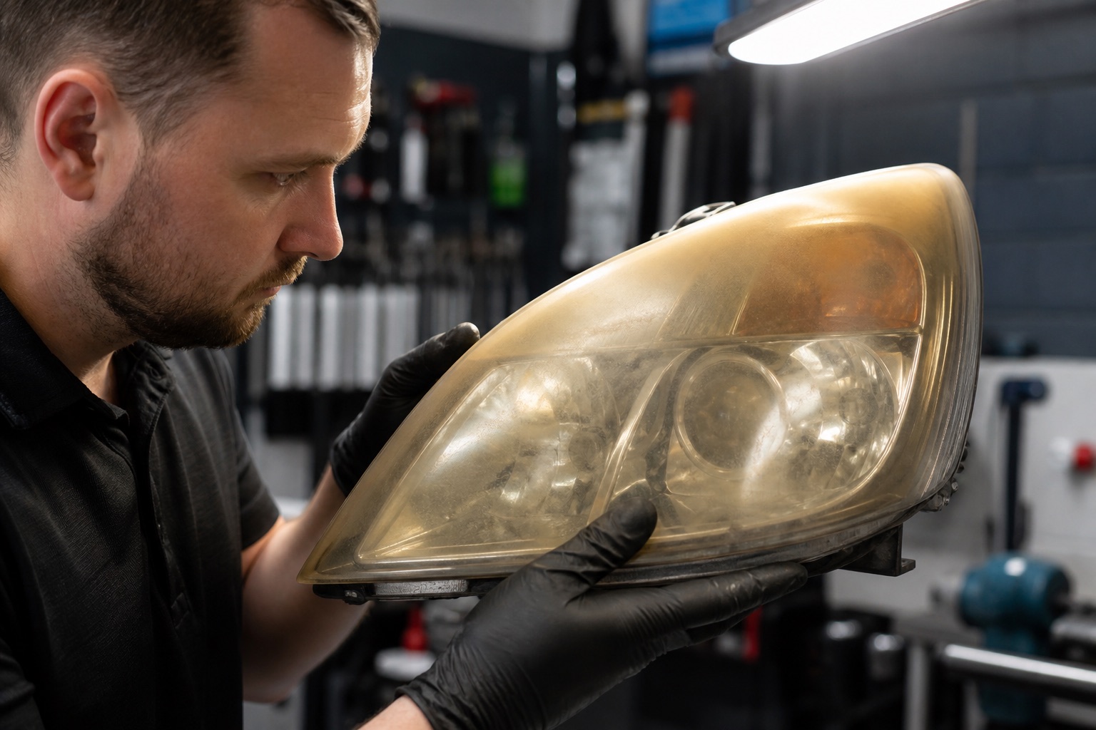 Technician inspecting a yellowed polycarbonate headlight lens