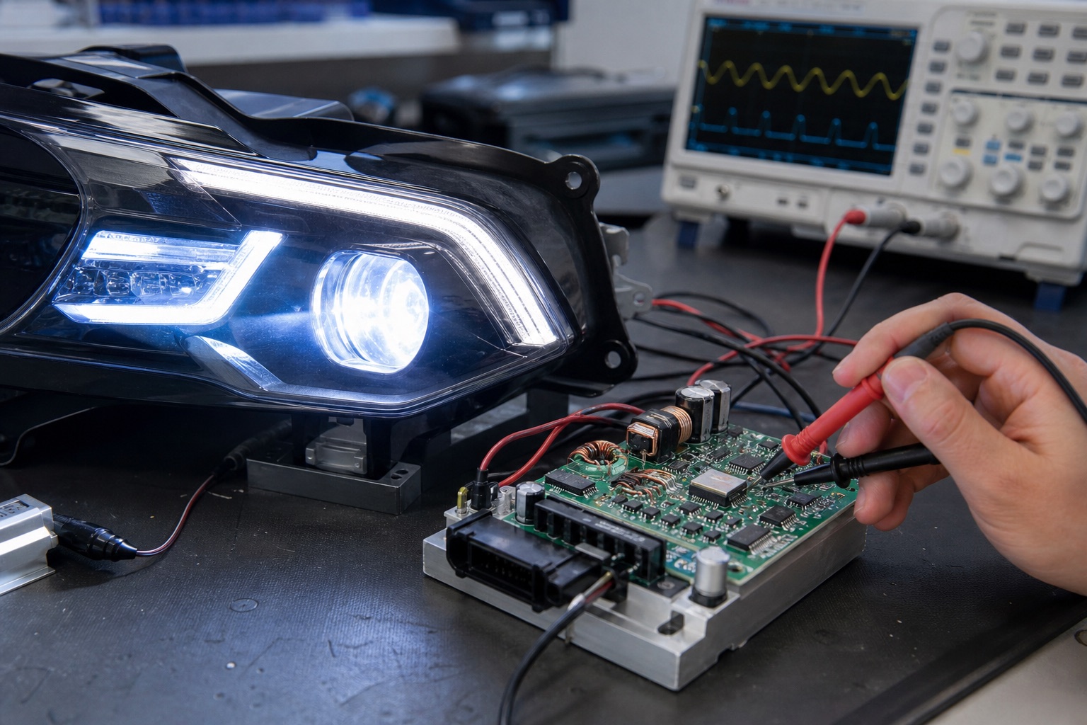LED headlight module on a diagnostic test bench
