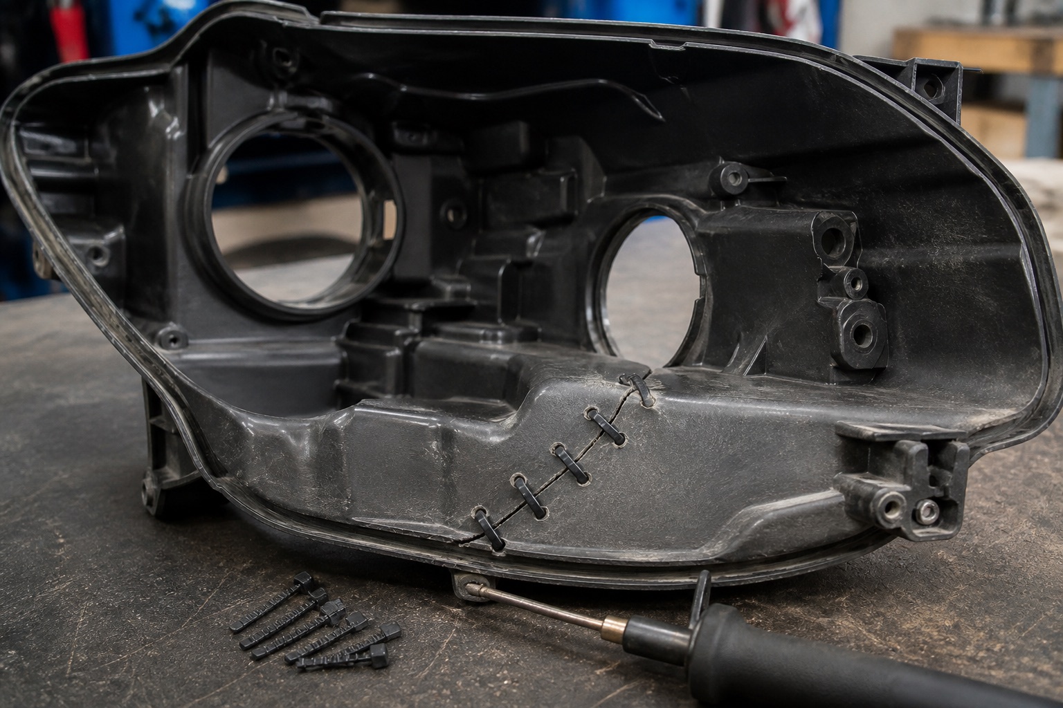 Cracked headlight housing shell under professional repair